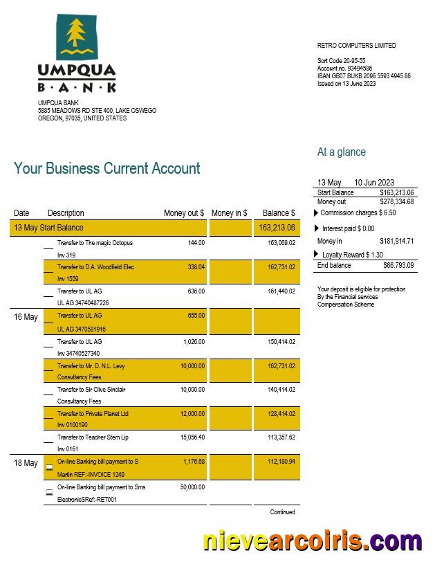 Umpqua Bank organization checking account statement